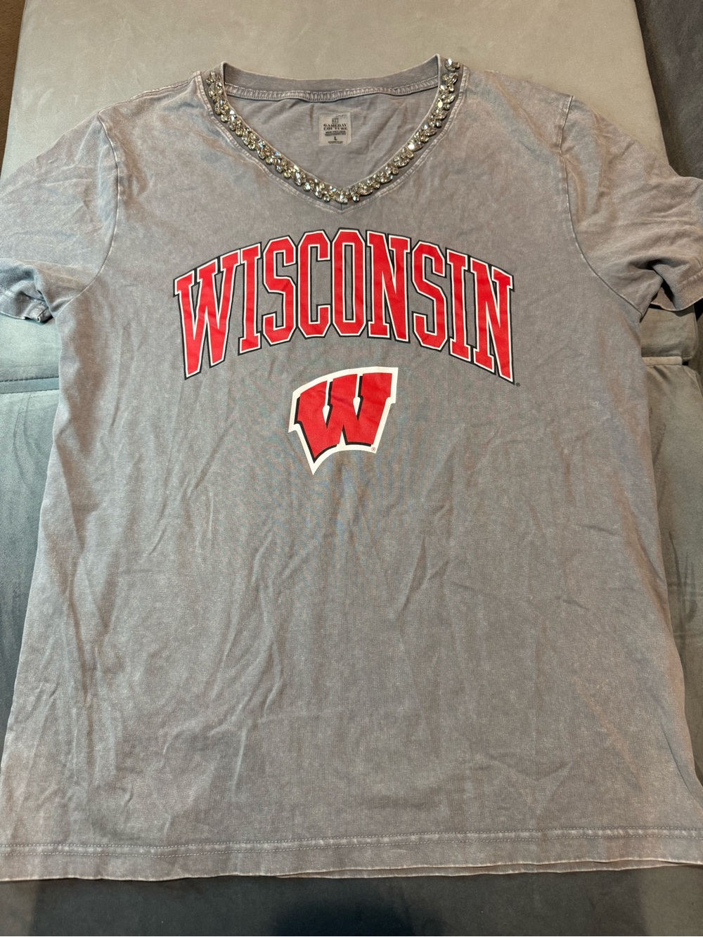 Wisconsin Beaded V-Neck Tee - Gray with Red Logo